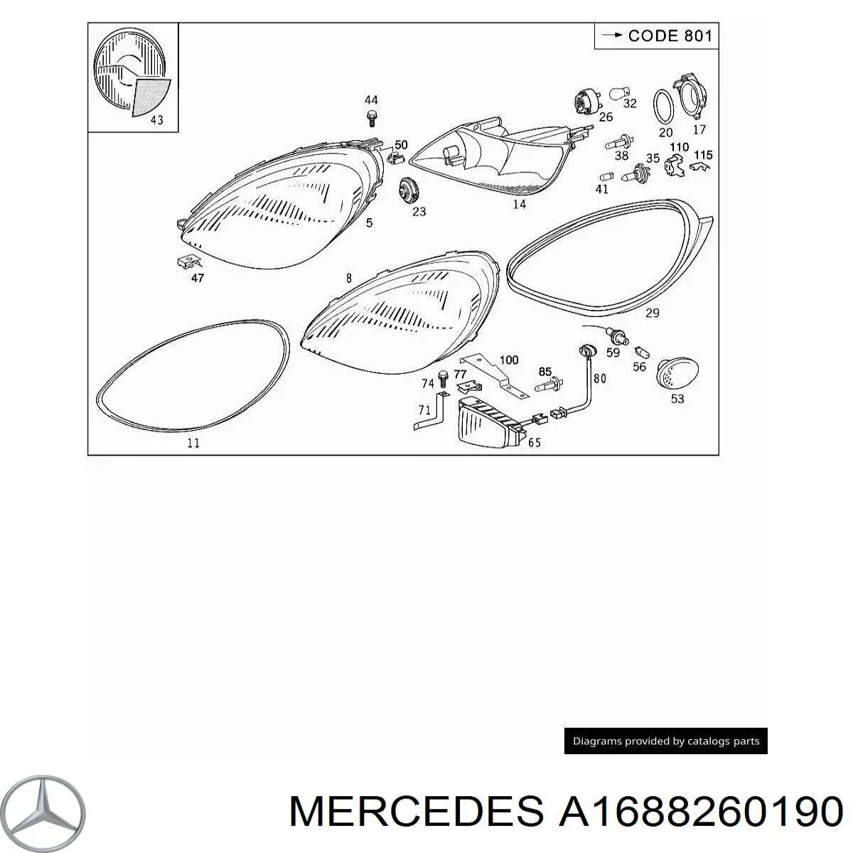 A1688260190 Mercedes стекло фары левой