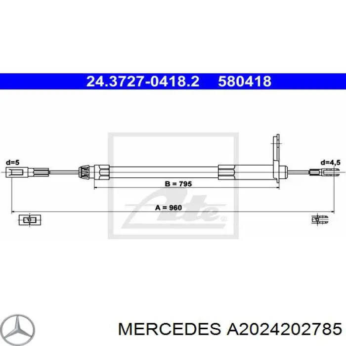 Трос ручного тормоза задний левый Mercedes A2024202785