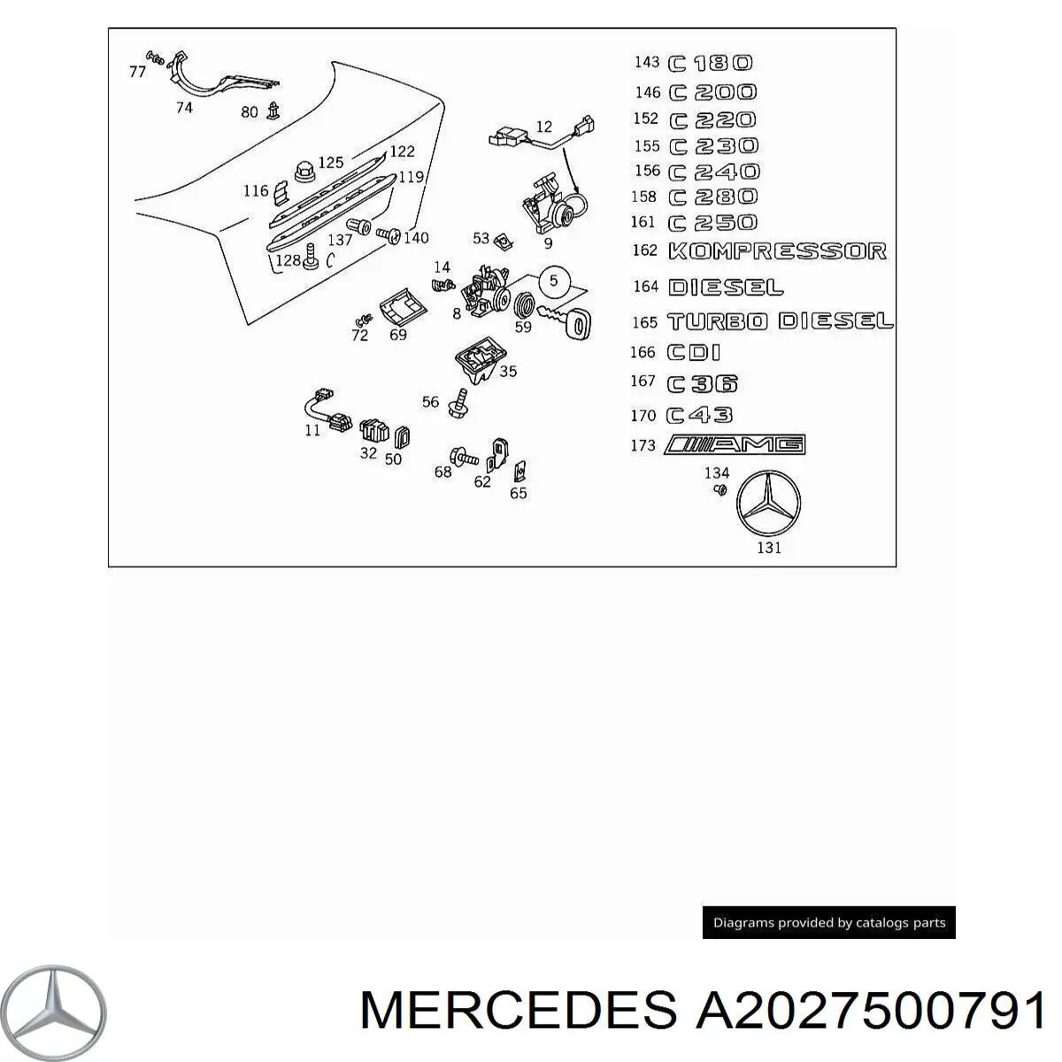 A2027500791 Mercedes fecho de tampa de porta-malas (de 3ª/5ª porta traseira)