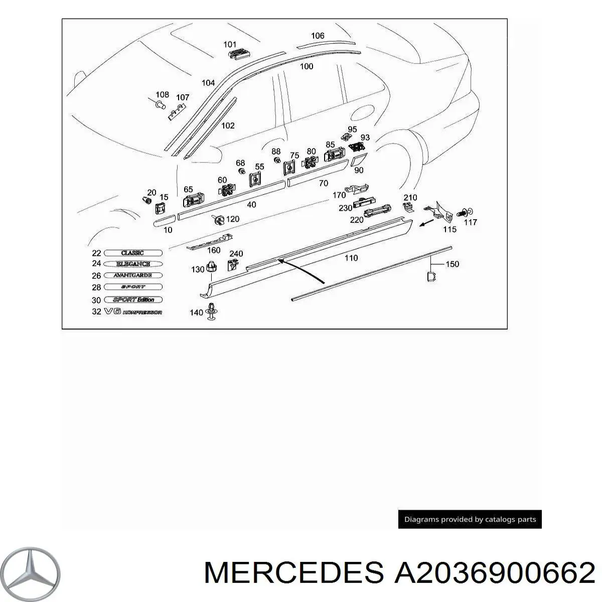 Молдинг крыла заднего правого 2036905462 Mercedes