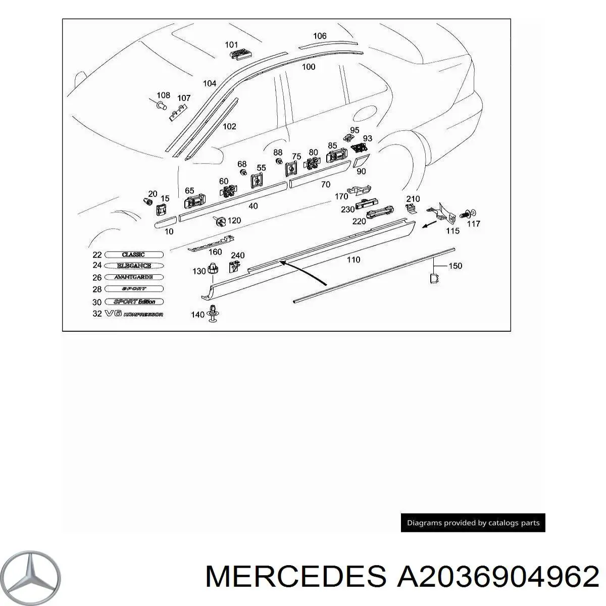 Купить A2036904962 Mercedes Молдинг двери передней левой