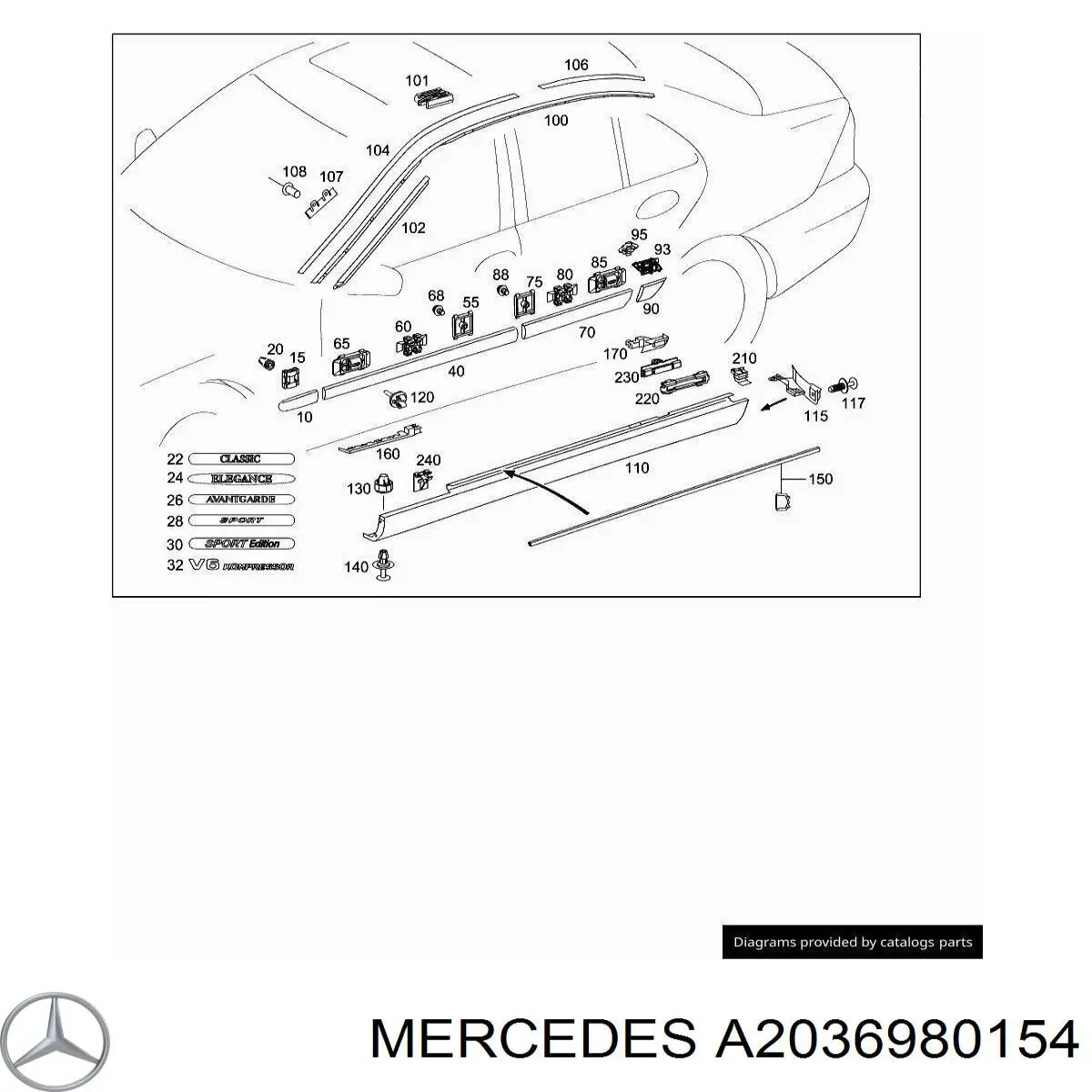 Placa sobreposta (moldura) externa esquerda de acesso para Mercedes C (W203)