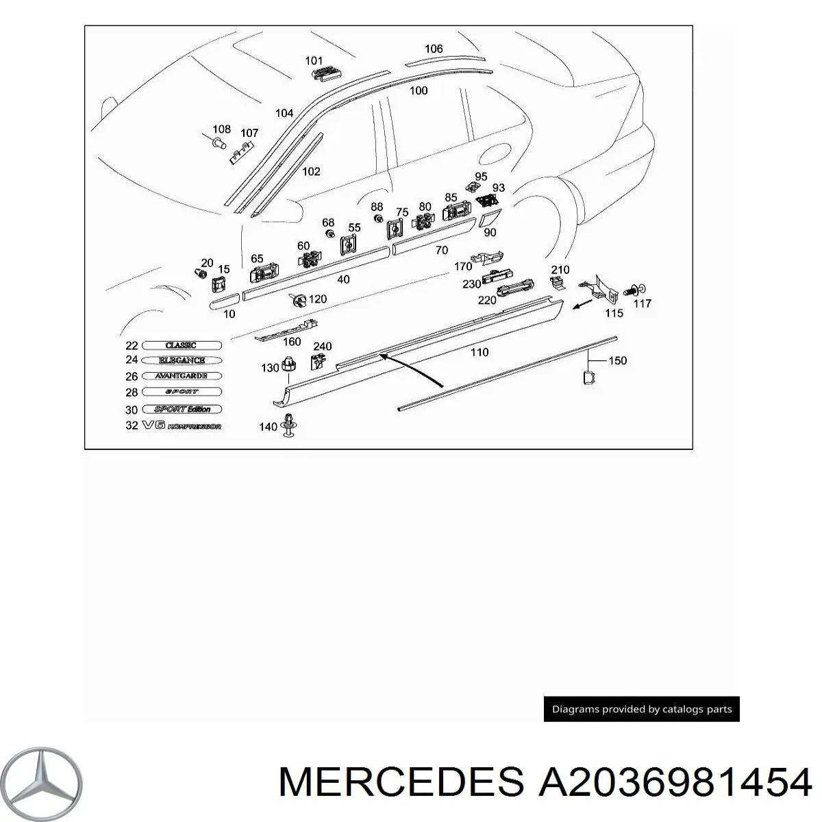 Накладка (молдинг) порога наружная правая на Mercedes C (W203)