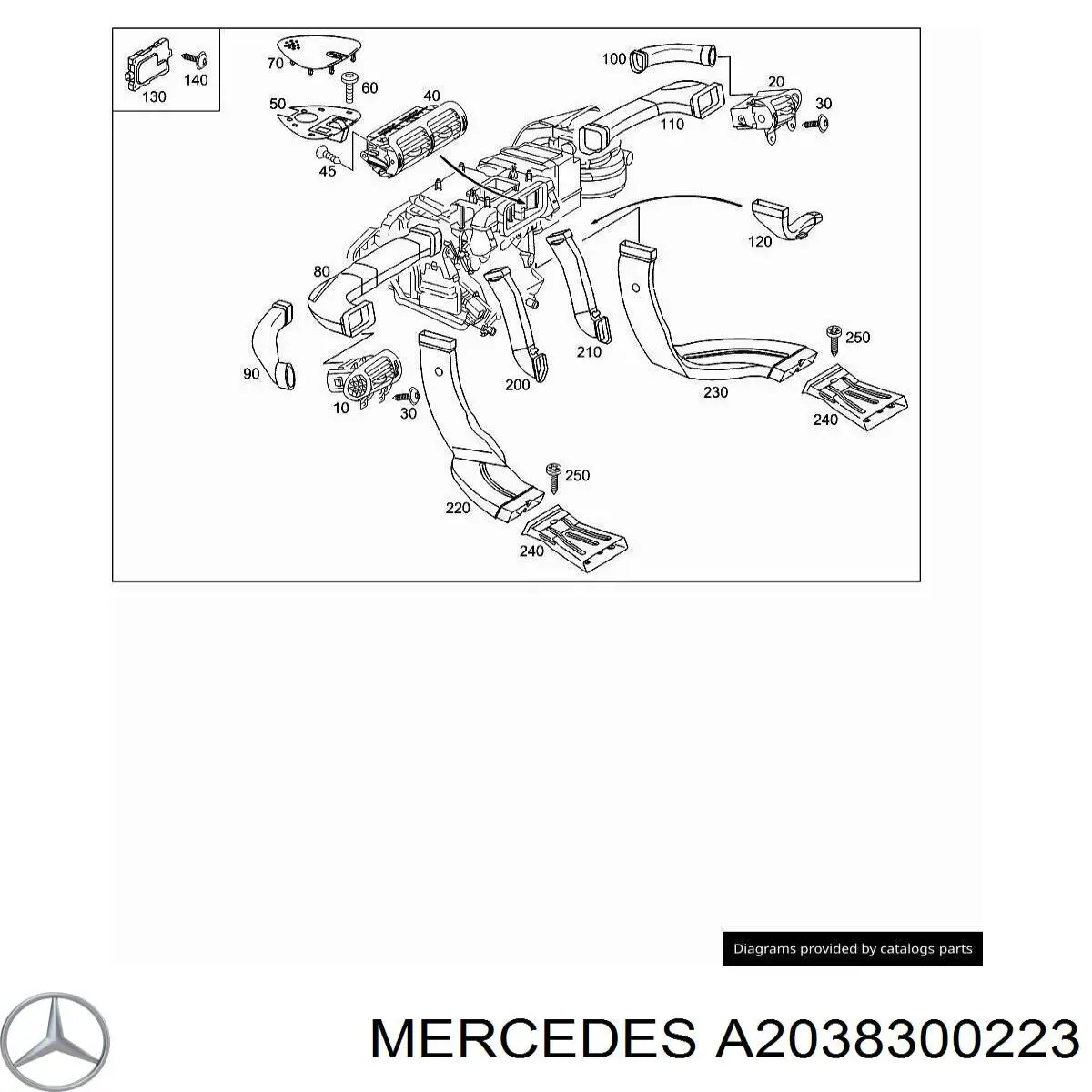 A2038300223 Mercedes conduto de ar (distribuidor de ar para "painel de instrumentos" central)