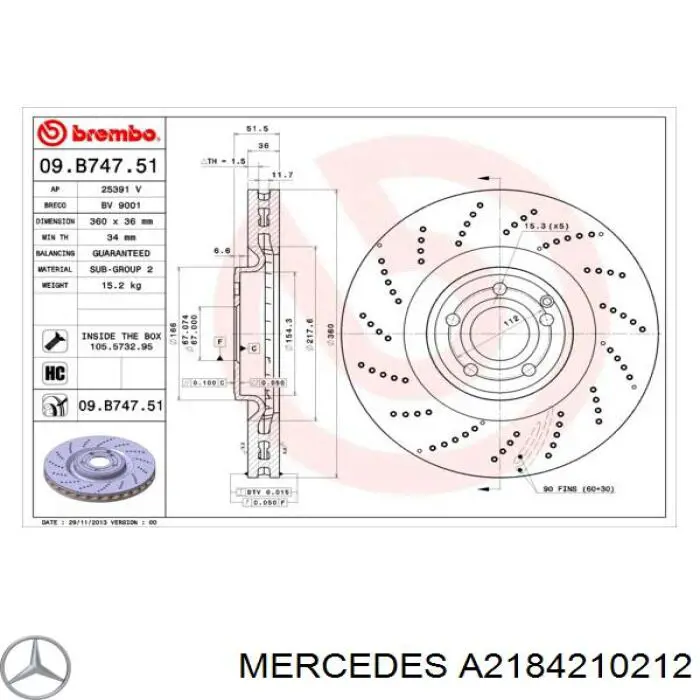 Передние тормозные диски A2184210212 Mercedes