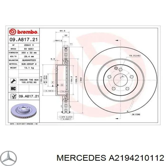 A2194210112 Mercedes disco do freio dianteiro