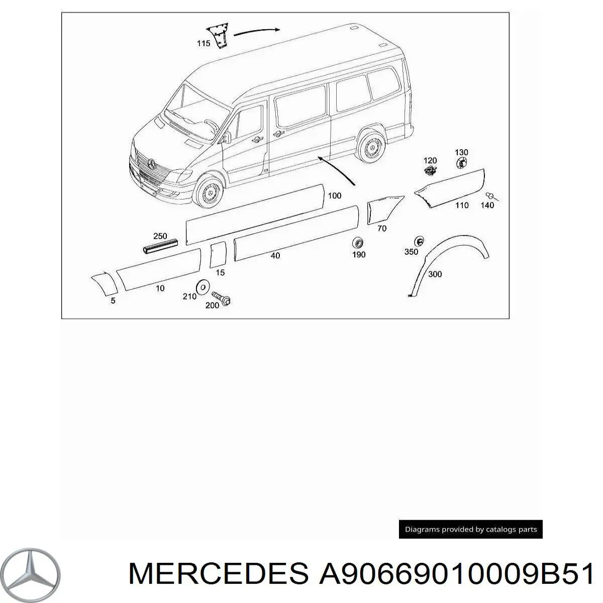 Молдинг боковой (сдвижной) двери A90669010009B51 Mercedes