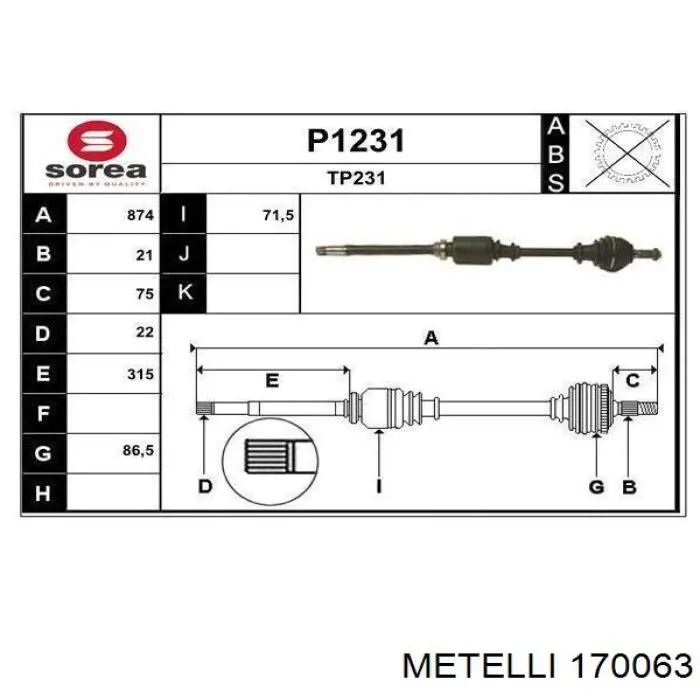 170063 Metelli Полуось передняя, правая