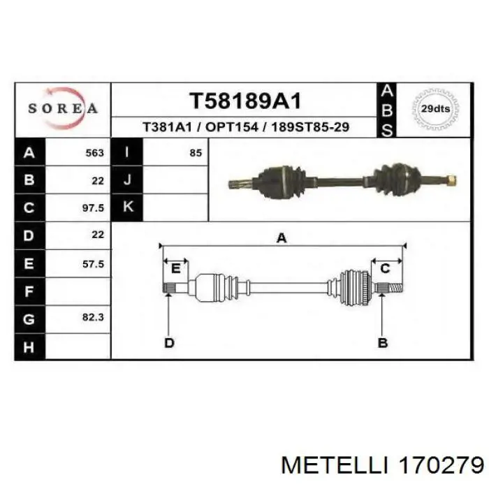 Полуось (привод) передняя левая 170279 Metelli