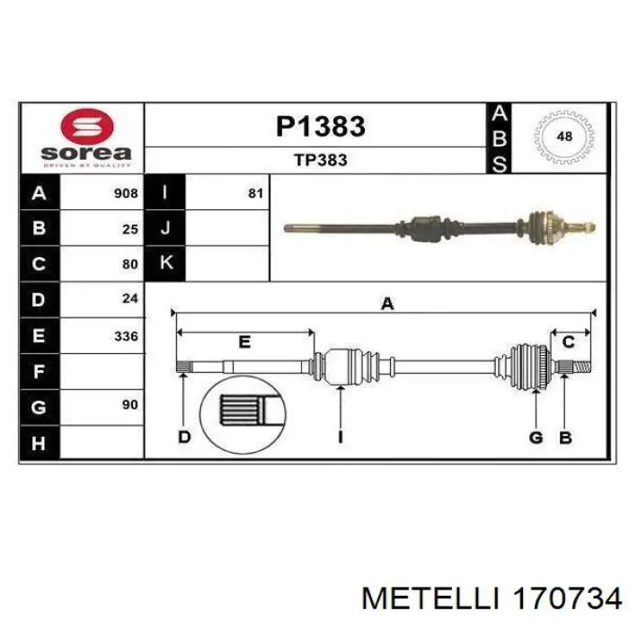 Полуось (привод) передняя правая 170734 Metelli