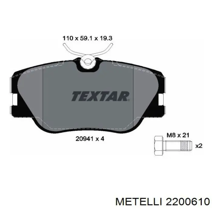 Передние тормозные колодки 2200610 Metelli
