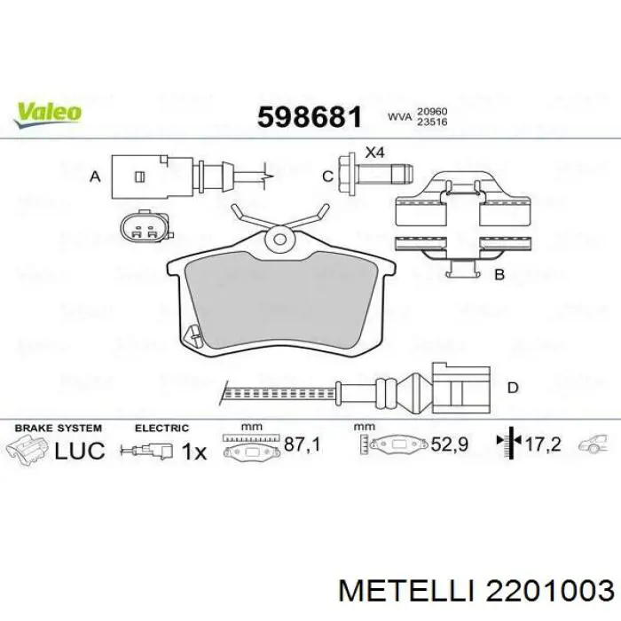 Купить 2201003 Metelli Колодки тормозные задние, дисковые