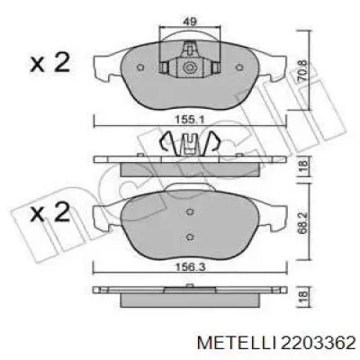 Передние тормозные колодки 2203362 Metelli