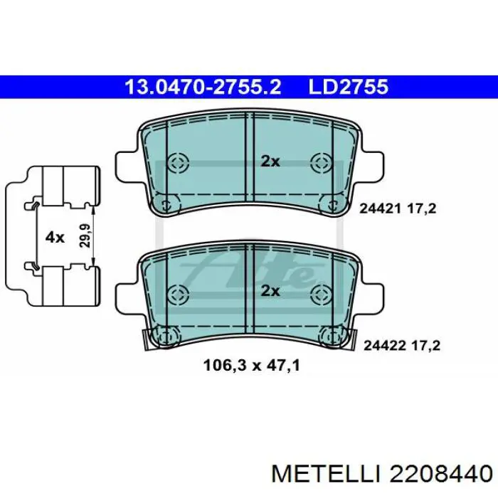 Колодки гальмові задні, дискові 2208440 Metelli