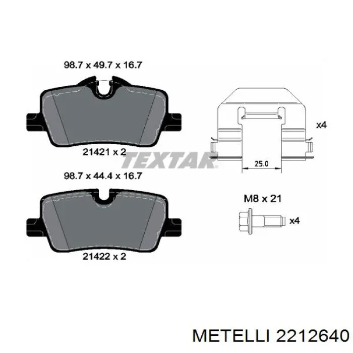 Pastillas de freno traseras 2212640 Metelli