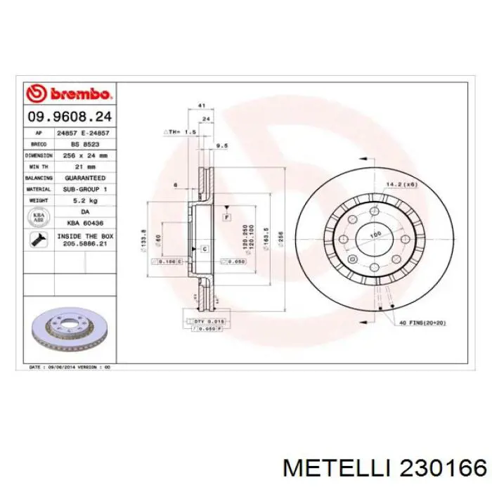 Freno de disco delantero 230166 Metelli