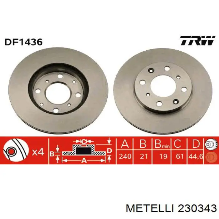 Передние тормозные диски 230343 Metelli