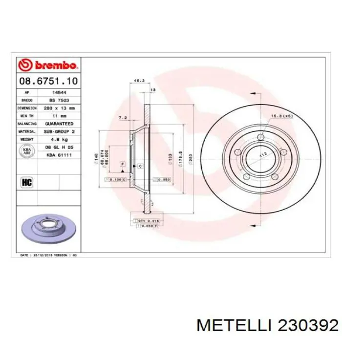230392 Metelli диск тормозной передний