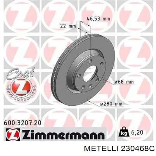 Тормоз дисковый передний Metelli 230468C цена, от 35.47 USD