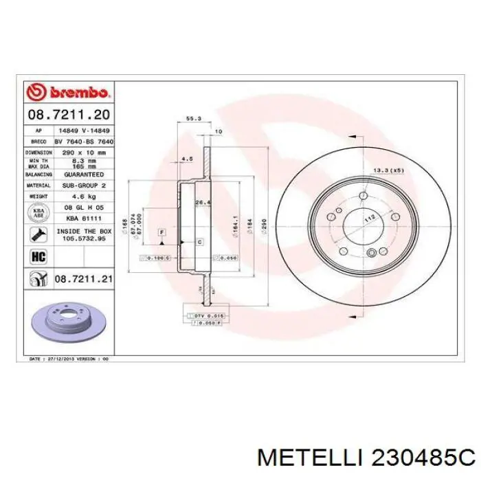 Тормозные диски 230485C Metelli