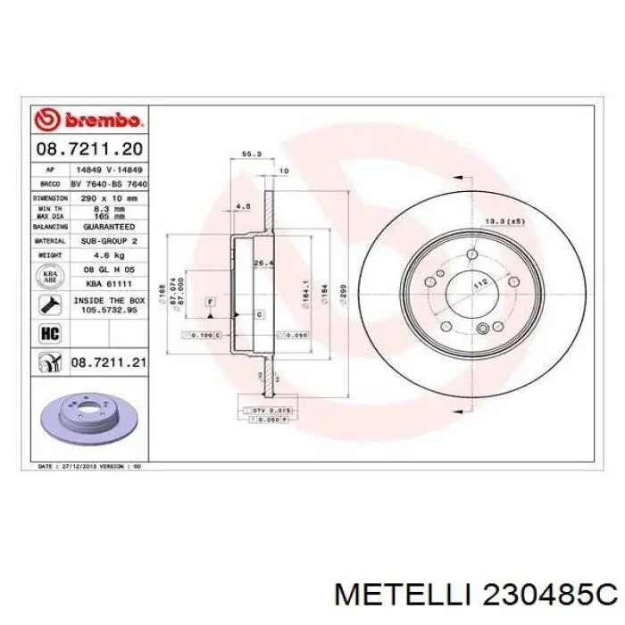 Задний дисковый тормоз Metelli 230485C