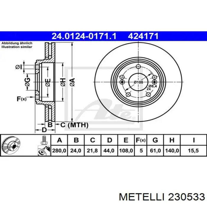 Тормоз дисковый передний Metelli 230533 цена, от 38.35 USD