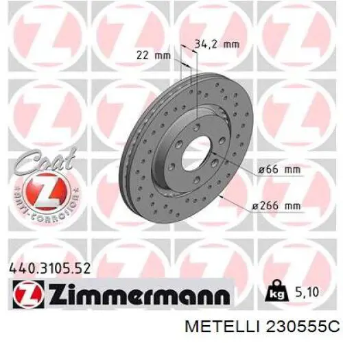 Передние тормозные диски 230555C Metelli