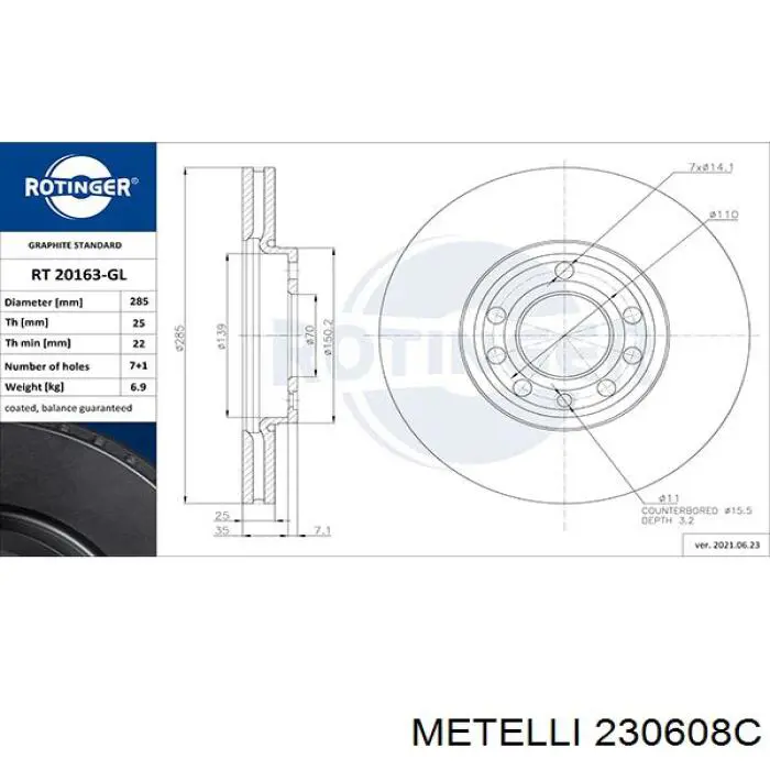 Freno de disco delantero 230608C Metelli