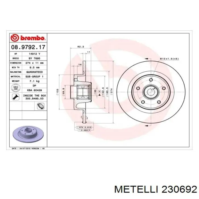 Disco de freno trasero 230692 Metelli