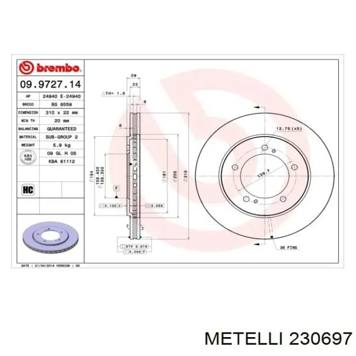 Передние тормозные диски 230697 Metelli