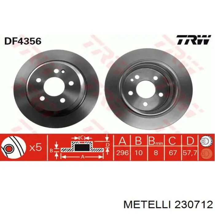 Disco de freno trasero 230712 Metelli
