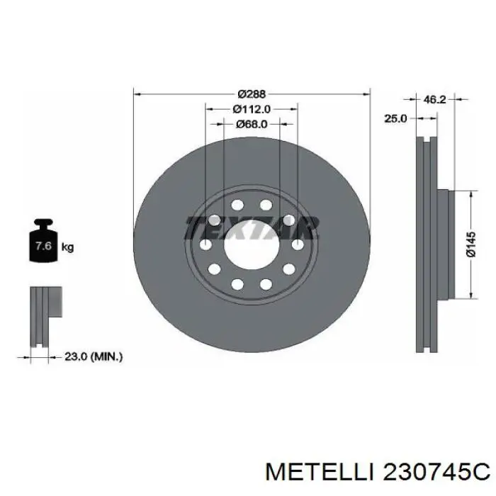 Диск гальмівний передній 230745C Metelli