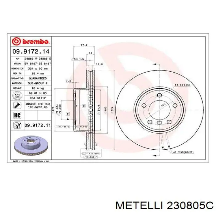 Freno de disco delantero 230805C Metelli