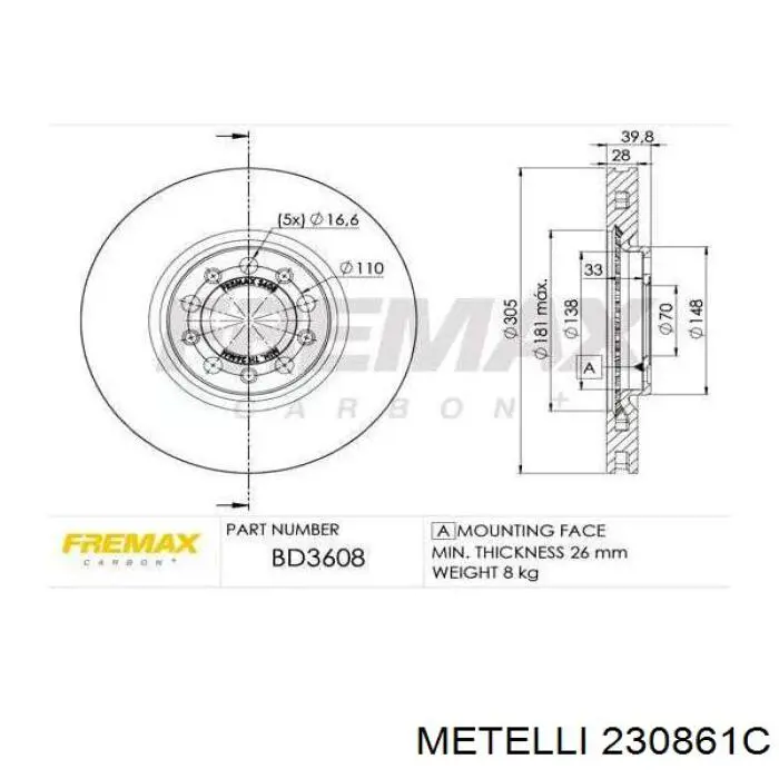 Передний тормозной диск Metelli 230861C
