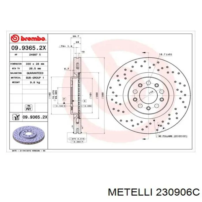 Передние тормозные диски 230906C Metelli
