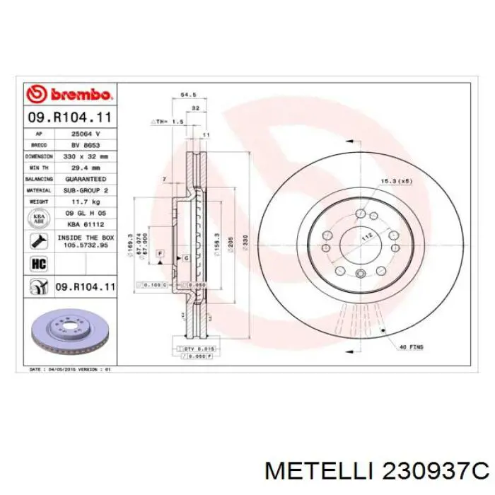 Тормоз дисковый передний Metelli 230937C цена, от 75.40 USD