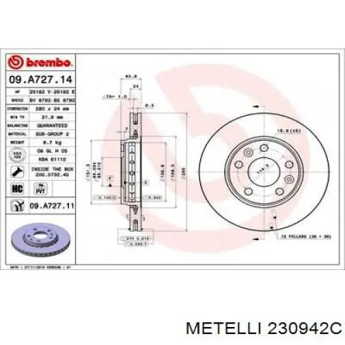 Передний тормозной диск Metelli 230942C