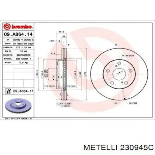 Передний тормозной диск Metelli 230945C