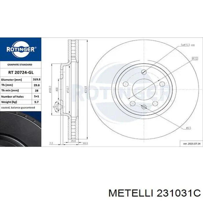 Передние тормозные диски 231031C Metelli