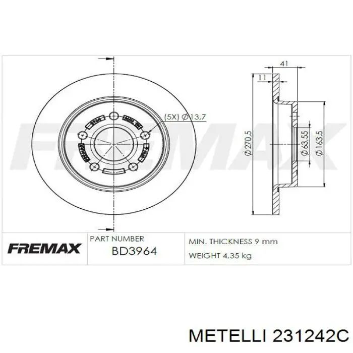 Купить 231242C Metelli Диск тормозной задний