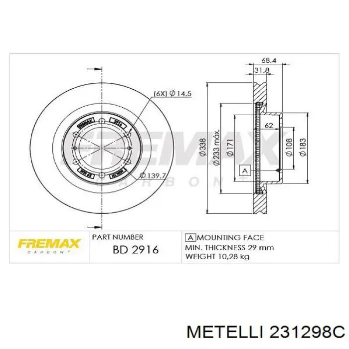 Передние тормозные диски 231298C Metelli