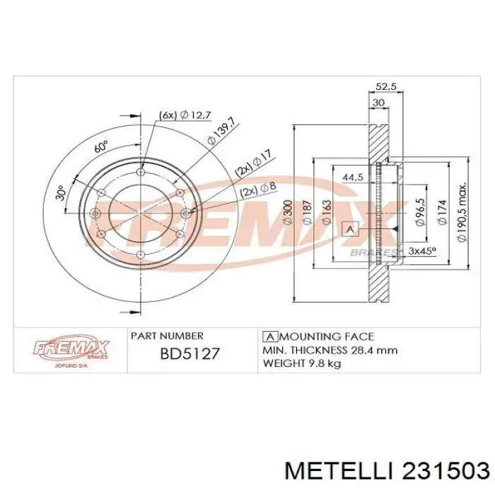 Disco do freio dianteiro 231503 Metelli