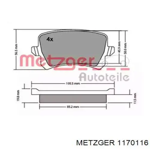 Задние тормозные колодки 1170116 Metzger