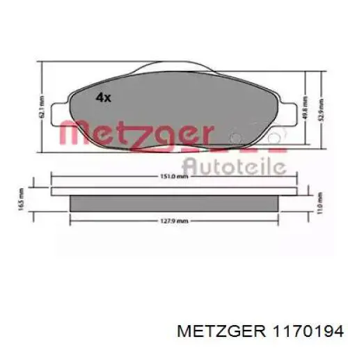 Передние тормозные колодки 1170194 Metzger