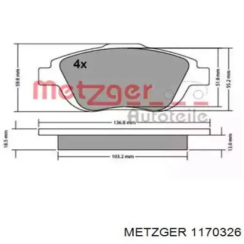 Колодки тормозные передние дисковые Metzger 1170326