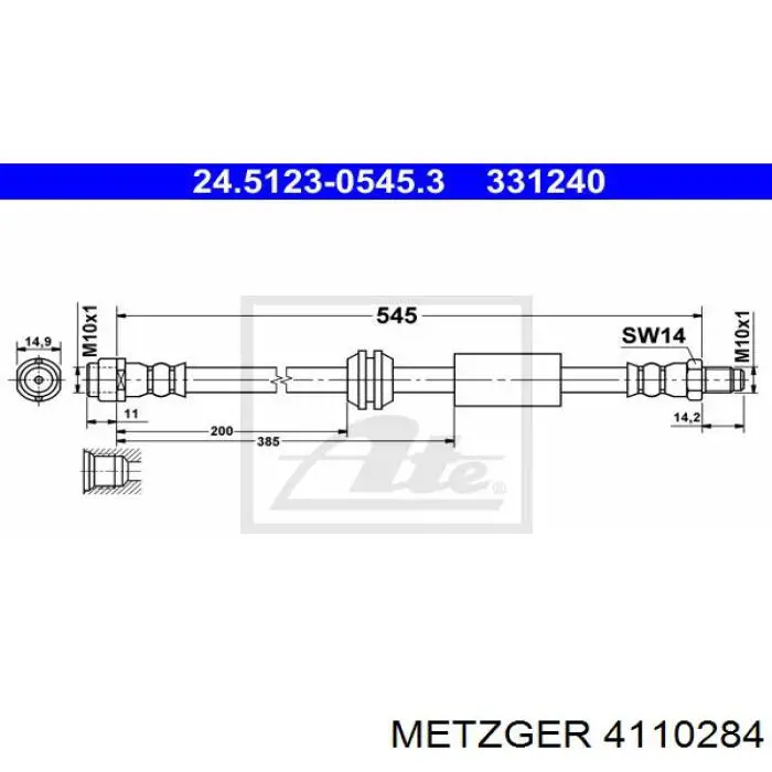 Шланг тормозной передний 4110284 Metzger