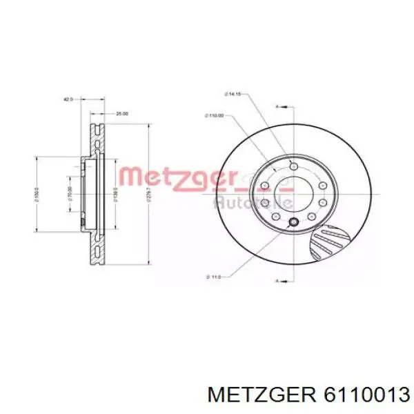 Передние тормозные диски 6110013 Metzger