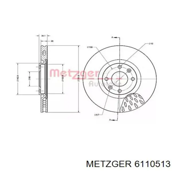 Тормоз дисковый передний Metzger 6110513 цена, от 51.25 USD
