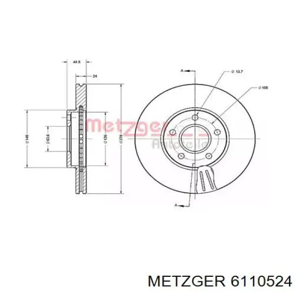 Передние тормозные диски 6110524 Metzger