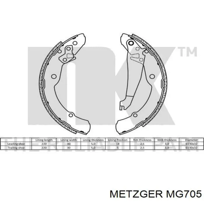 MG705 Metzger Барабанные тормозные колодки